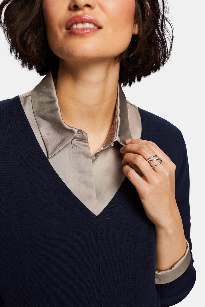 Jersey de algodón con el cuello en pico, NAVY, detail image number 3