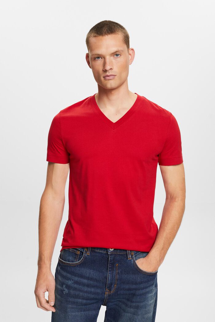 Camisa de tejido jersey con cuello en pico, 100 % algodón, DARK RED, detail image number 0