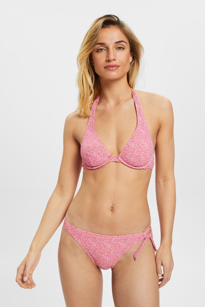 Top de bikini triangular con aros, cuello halter y estampado, PINK, detail image number 0