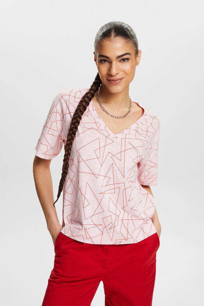 Camiseta de algodón estampada con cuello en pico, LIGHT PINK, detail image number 0
