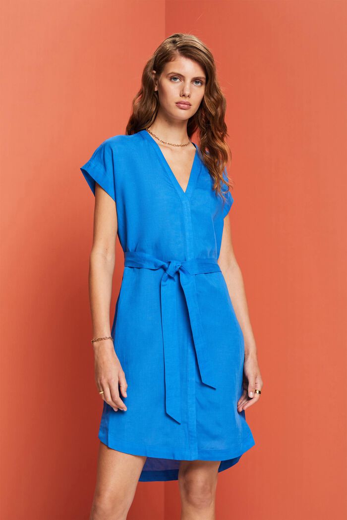 Vestido túnica con cinturón, mezcla de lino, BRIGHT BLUE, detail image number 0