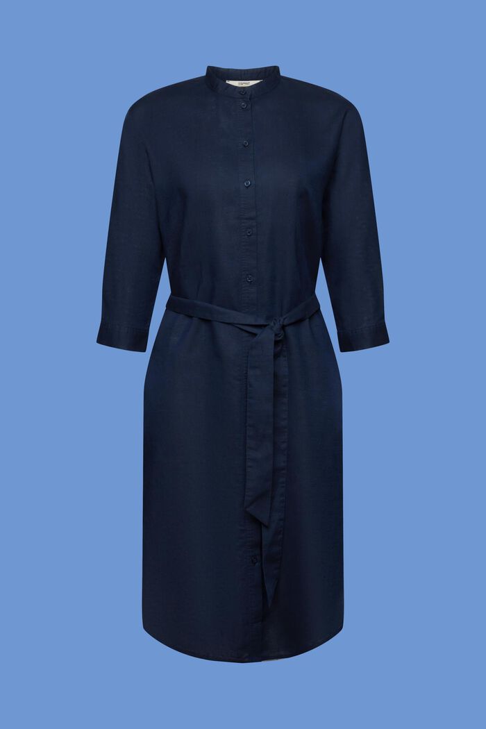 Vestido camisero con cinturón, en mezcla de lino y algodón, NAVY, detail image number 6