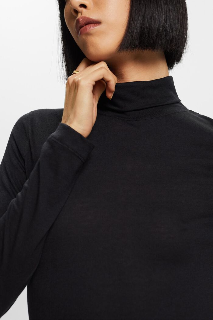 Top de tejido jersey de mezcla de algodón con cuello alto, BLACK, detail image number 2