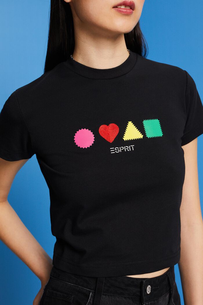 Camiseta de algodón ecológico con estampado geométrico, BLACK, detail image number 2
