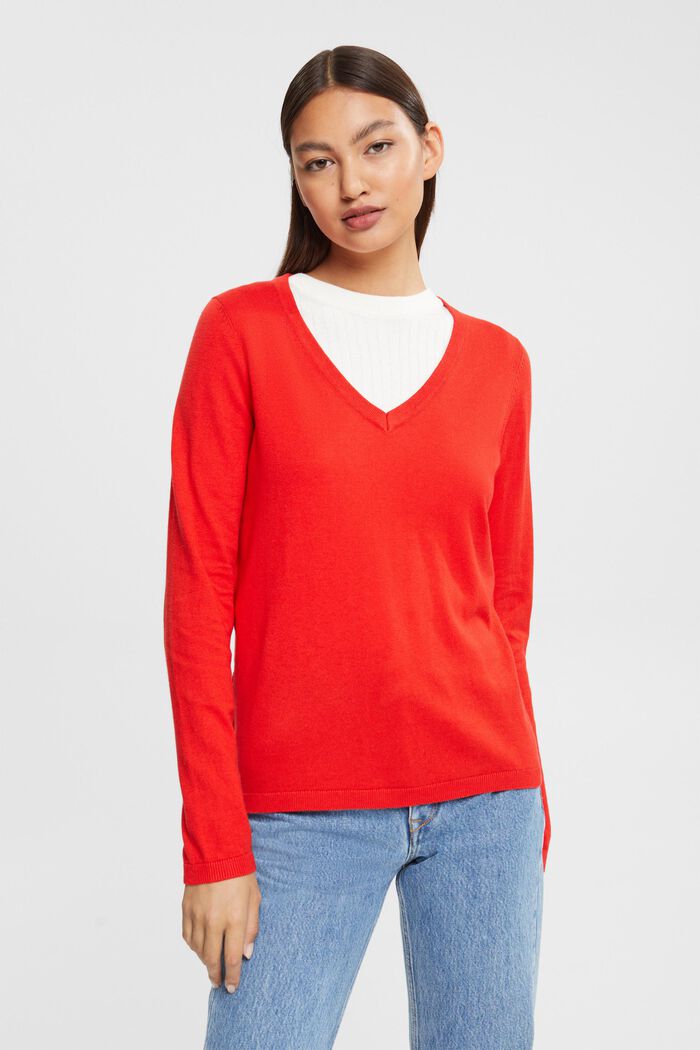 Jersey básico con cuello en V, mezcla de algodón, RED, detail image number 0