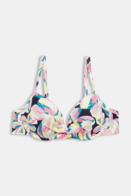Top de bikini con estampado floral, con aros y relleno, NAVY, overview