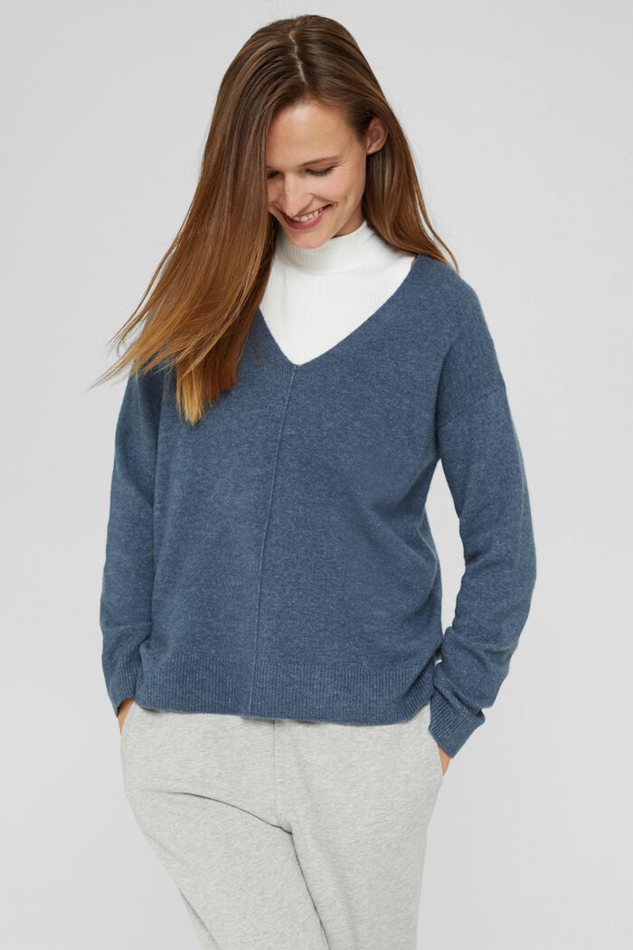 Con lana: jersey de cuello en pico, GREY BLUE, detail image number 0
