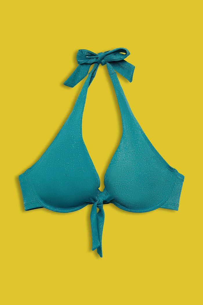 Top de bikini brillante con cuello halter para copas grandes, TEAL BLUE, detail image number 1