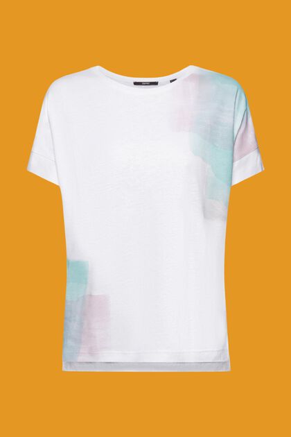 Camiseta en mezcla de viscosa y lino con estampado en el pecho, WHITE, overview