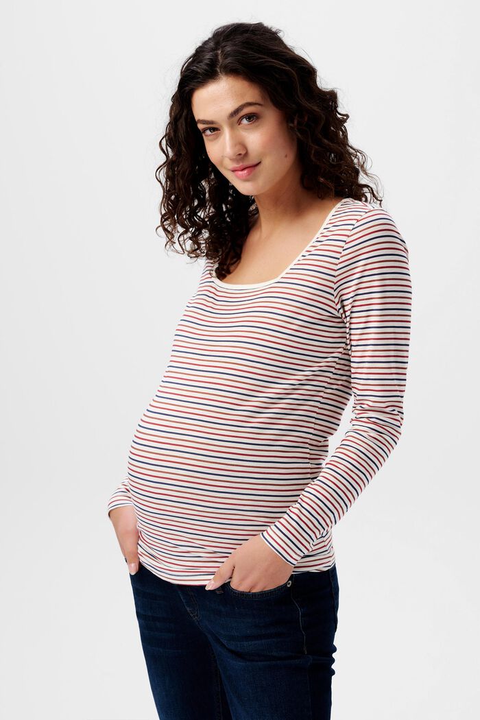 Camiseta estilo maternidad a rayas y cuello cuadrado, OFF WHITE, detail image number 0