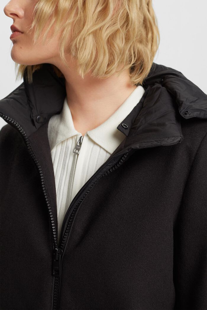 Abrigo con capucha de mezcla de materiales, BLACK, detail image number 2
