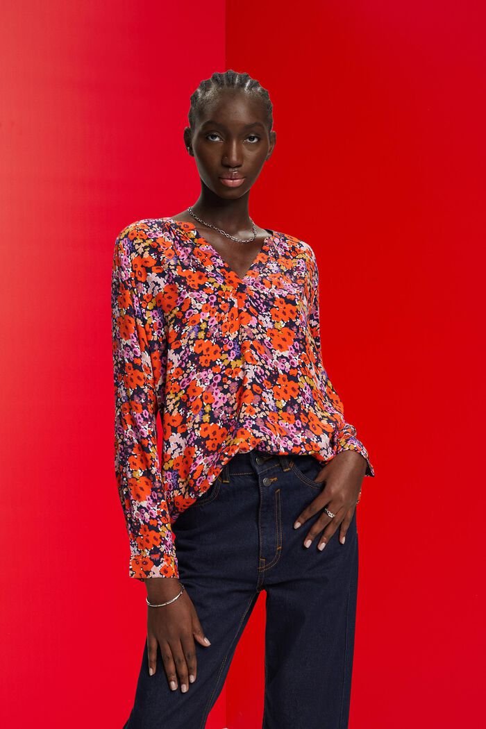 Blusa con diseño floral y cuello en pico, NEW NAVY, detail image number 0