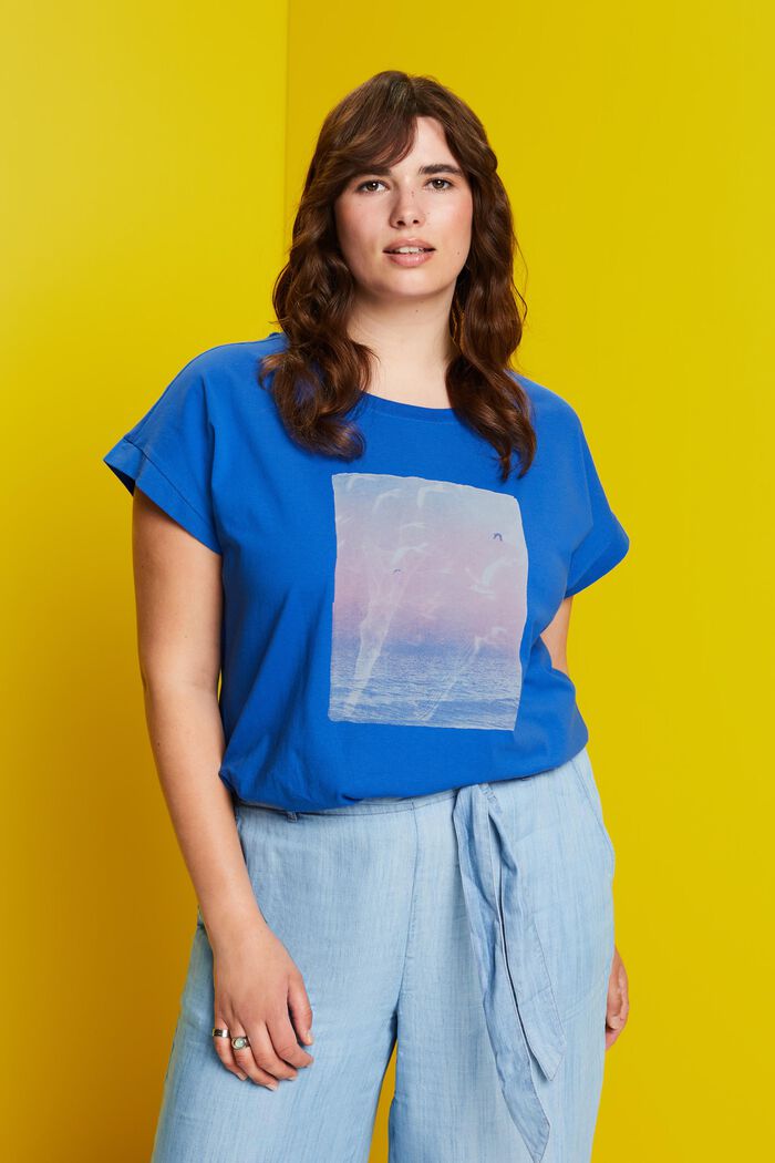 CURVY Camiseta con estampado frontal, 100% algodón, BRIGHT BLUE, detail image number 0