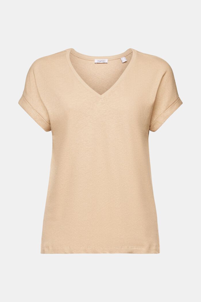 Camiseta de algodón y lino con el cuello pico, BEIGE, detail image number 5