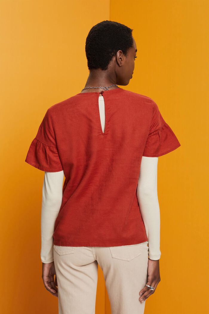 Blusa de manga corta, mezcla de algodón y lino, TERRACOTTA, detail image number 3