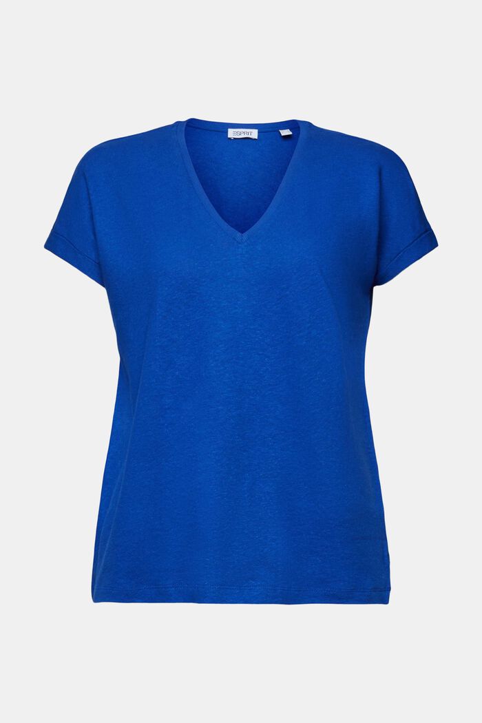Camiseta de algodón y lino con el cuello pico, BRIGHT BLUE, detail image number 5