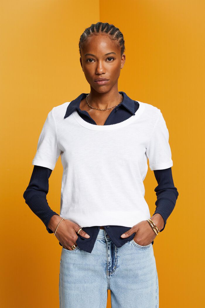 Camiseta de algodón con escote en U, WHITE, detail image number 0