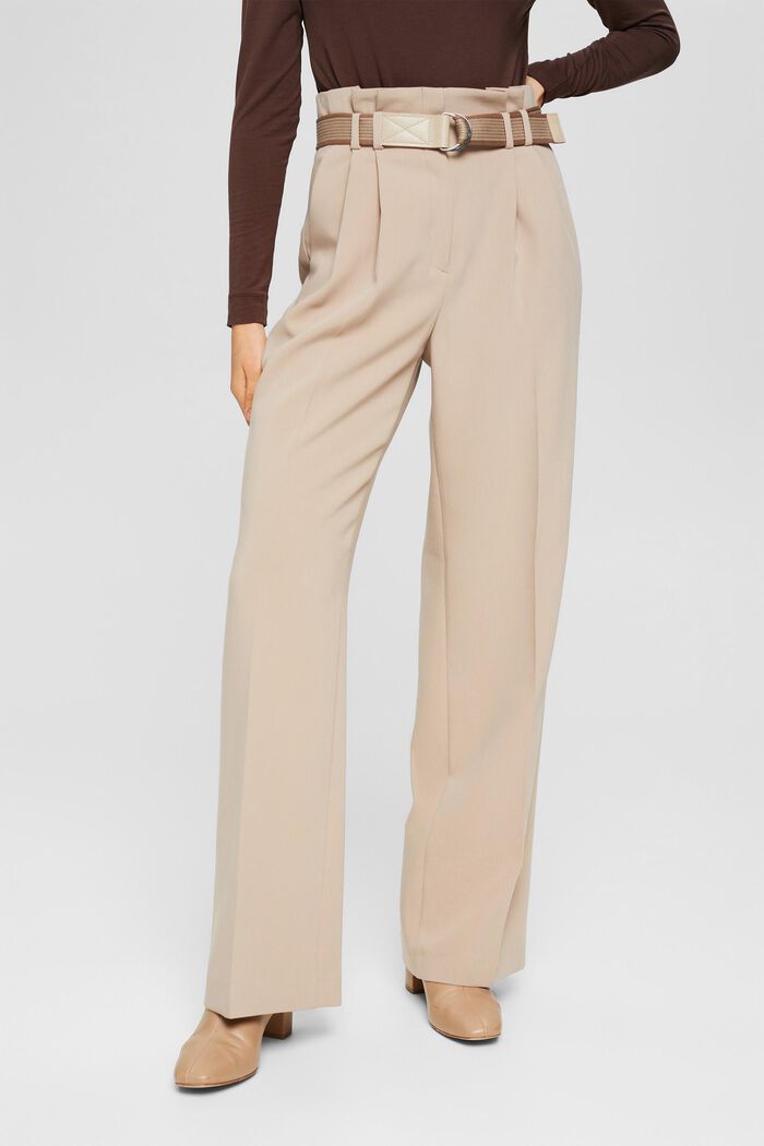 Pantalón con cintura paper bag y pernera amplia, LIGHT TAUPE, detail image number 0