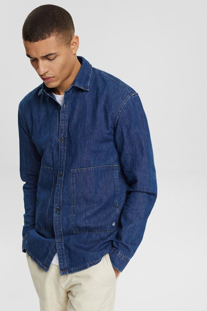Con lino: camisa vaquera con bolsillos, BLUE MEDIUM WASHED, detail image number 0