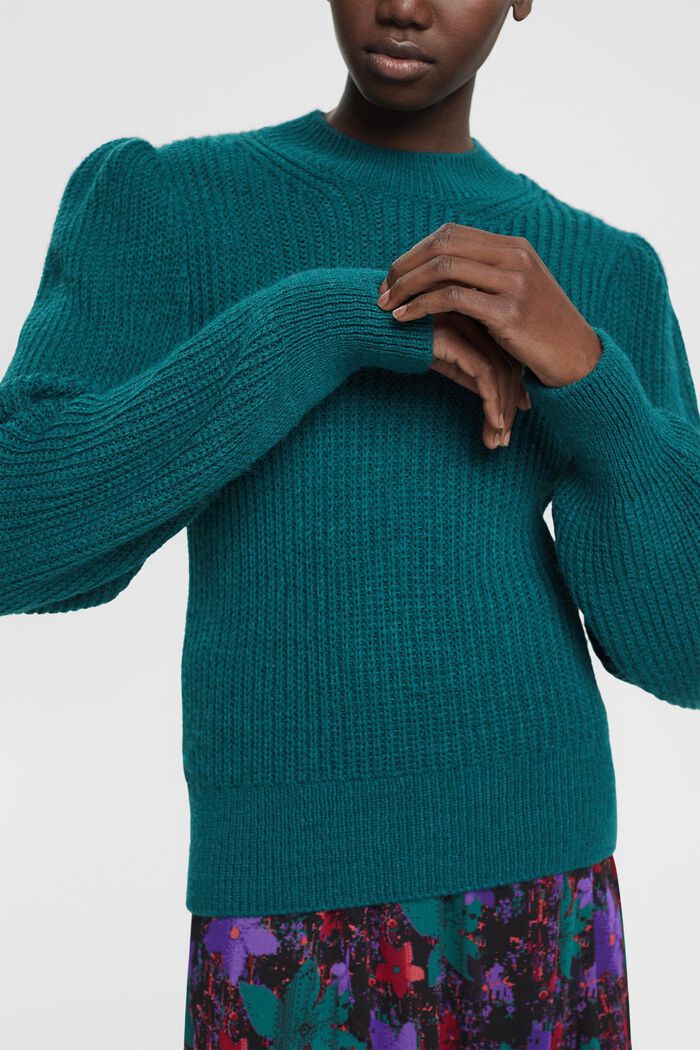 Jersey de mangas abullonadas con lana, TEAL GREEN, detail image number 2