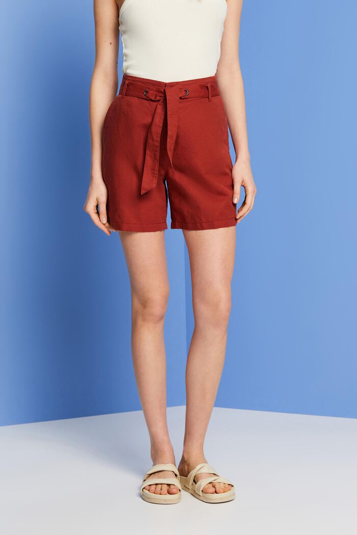 Pantalones cortos con lazada, mezcla de algodón y lino, TERRACOTTA, detail image number 0