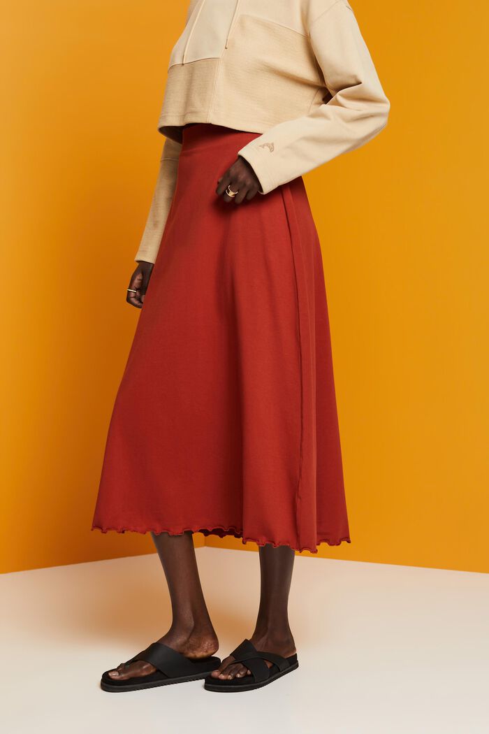 Falda midi en tejido jersey, algodón sostenible, TERRACOTTA, detail image number 0