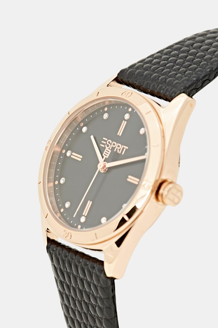 Reloj de acero inoxidable con correa de cuero texturizada, BLACK, detail image number 1
