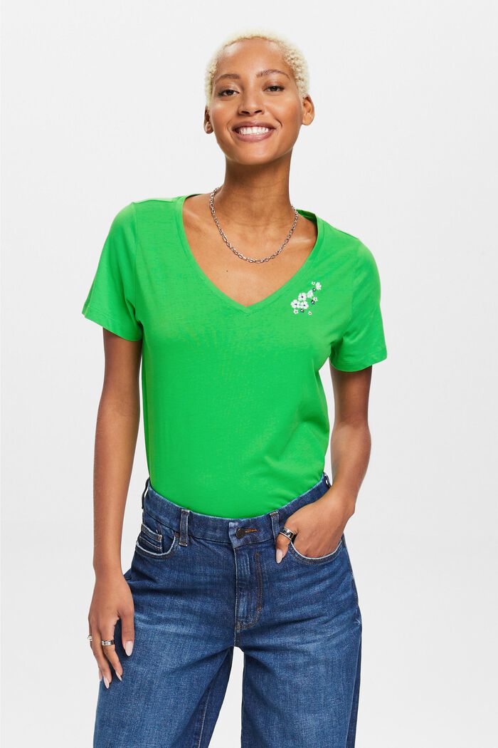 Camiseta con cuello en pico y bordado floral, GREEN, detail image number 0