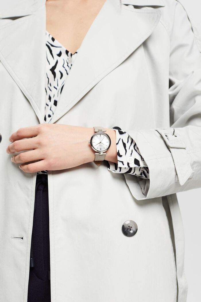 Reloj de acero inoxidable con pulsera de cuero con textura, GREY, detail image number 2