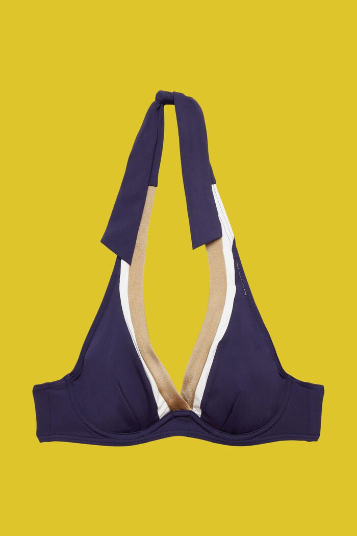 Top de bikini tricolor con cuello halter y aros, NAVY, detail image number 4