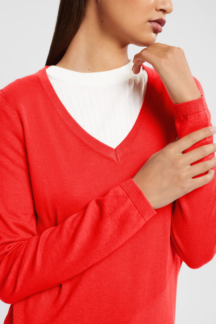 Jersey básico con cuello en V, mezcla de algodón, RED, detail image number 2