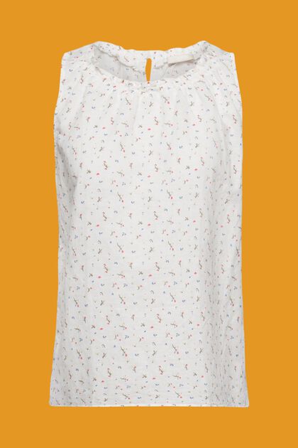 Blusa sin mangas en mezcla de lino con estampado de flores, OFF WHITE, overview