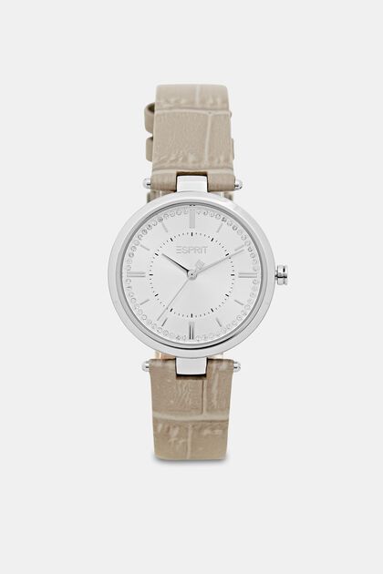 Reloj de acero inoxidable con pulsera de cuero con textura, GREY, overview