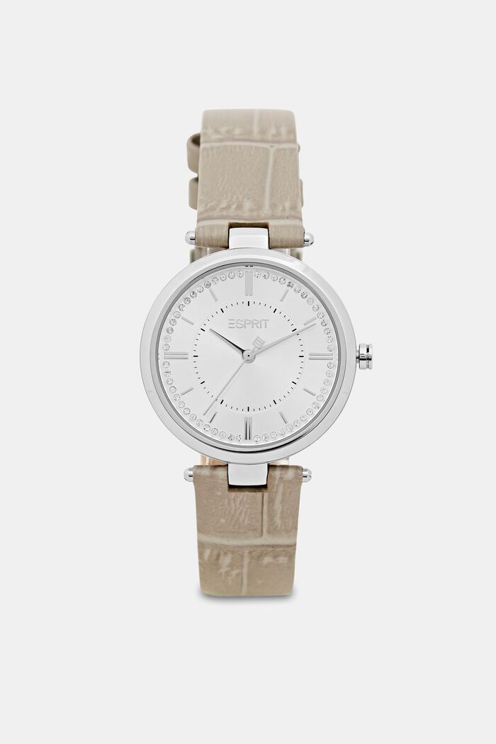 Reloj de acero inoxidable con pulsera de cuero con textura, GREY, detail image number 0
