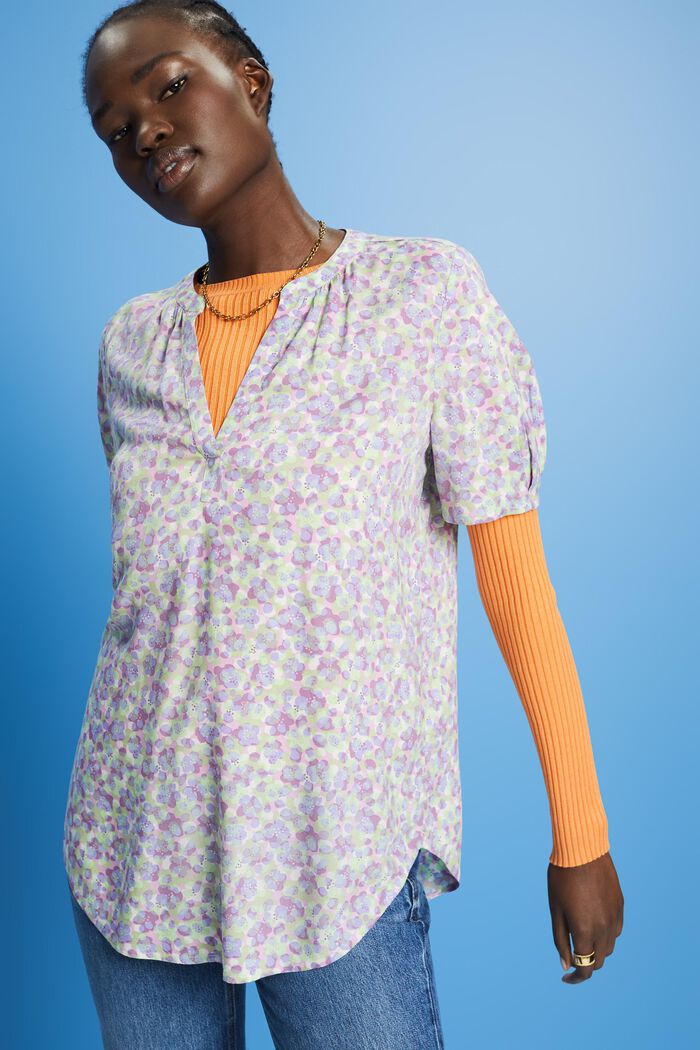 Blusa floral con abertura en el cuello, PURPLE, detail image number 0