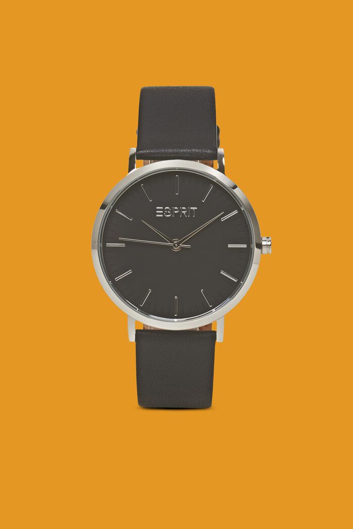 Reloj de acero inoxidable con pulsera de piel, SILVER, detail image number 0