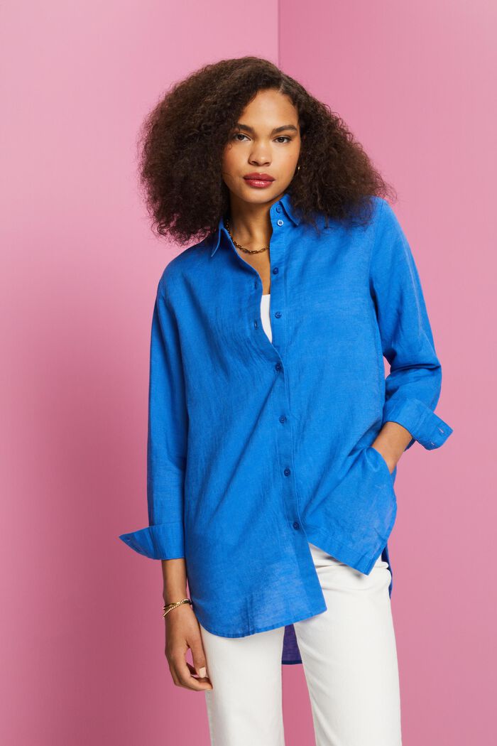 Camisa en mezcla de algodón y lino, BRIGHT BLUE, detail image number 0