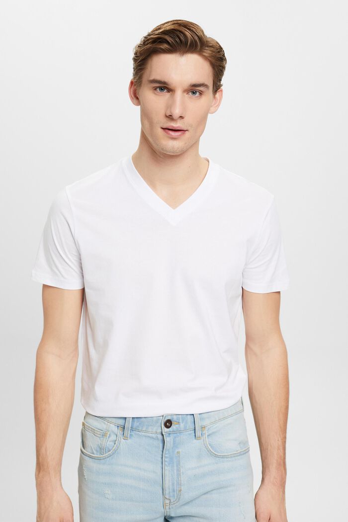 Camiseta entallada de algodón con cuello en pico, WHITE, detail image number 0