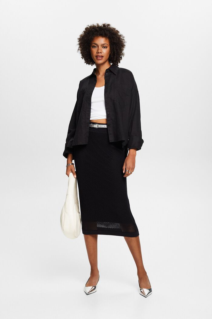 Blusa camisera de algodón y lino, BLACK, detail image number 1