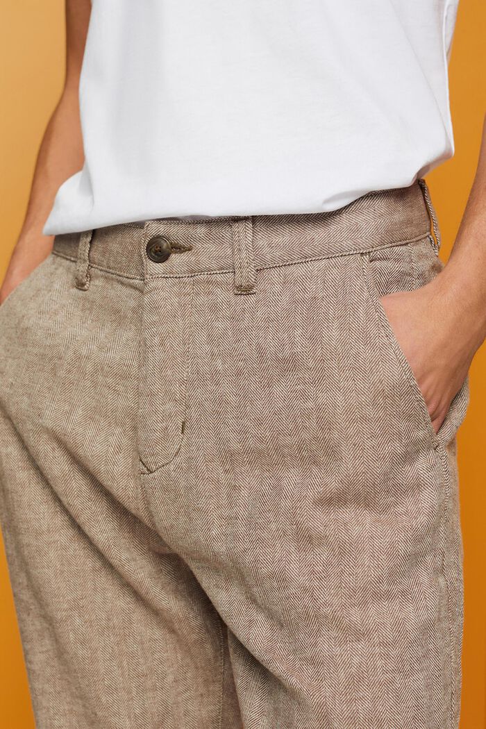 Pantalones en mezcla de algodón y lino con diseño de espiga, DARK BROWN, detail image number 2