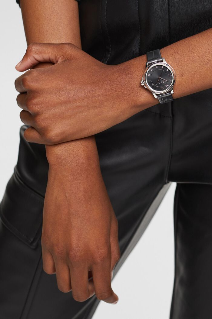 Reloj de acero inoxidable con pulsera de piel, BLACK, detail image number 2