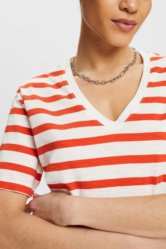 Camiseta de rayas con cuello en pico, BRIGHT ORANGE, detail image number 3
