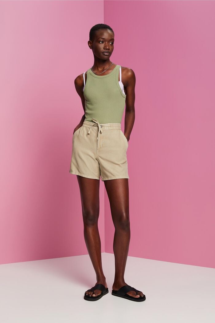 Shorts de sarga con cintura fruncida, DUSTY GREEN, detail image number 5