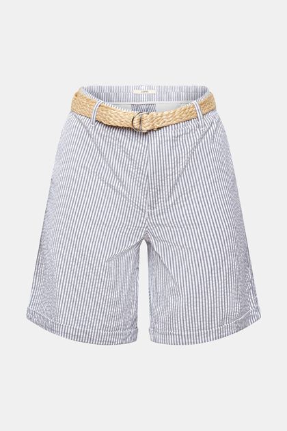 Pantalones cortos con diseño a rayas y cinturón trenzado de rafia, NAVY, overview