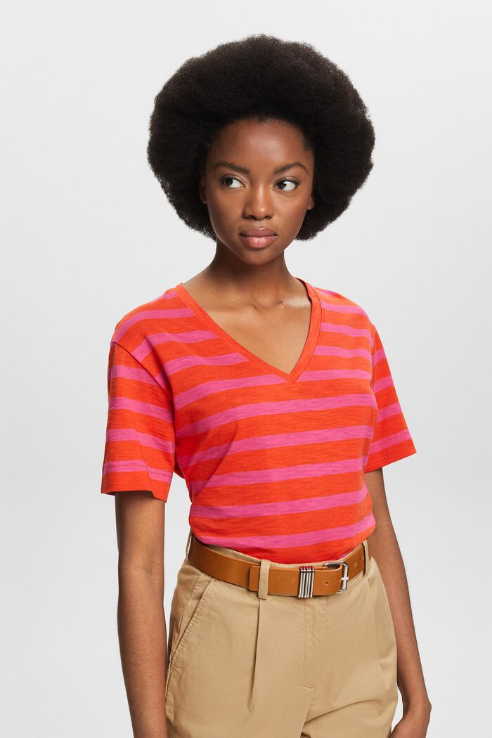 Camiseta de rayas con cuello en pico, PINK FUCHSIA, detail image number 0