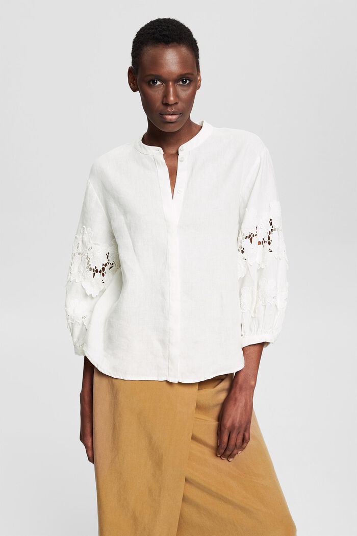 Blusa de lino con bordado de flores, OFF WHITE, detail image number 0