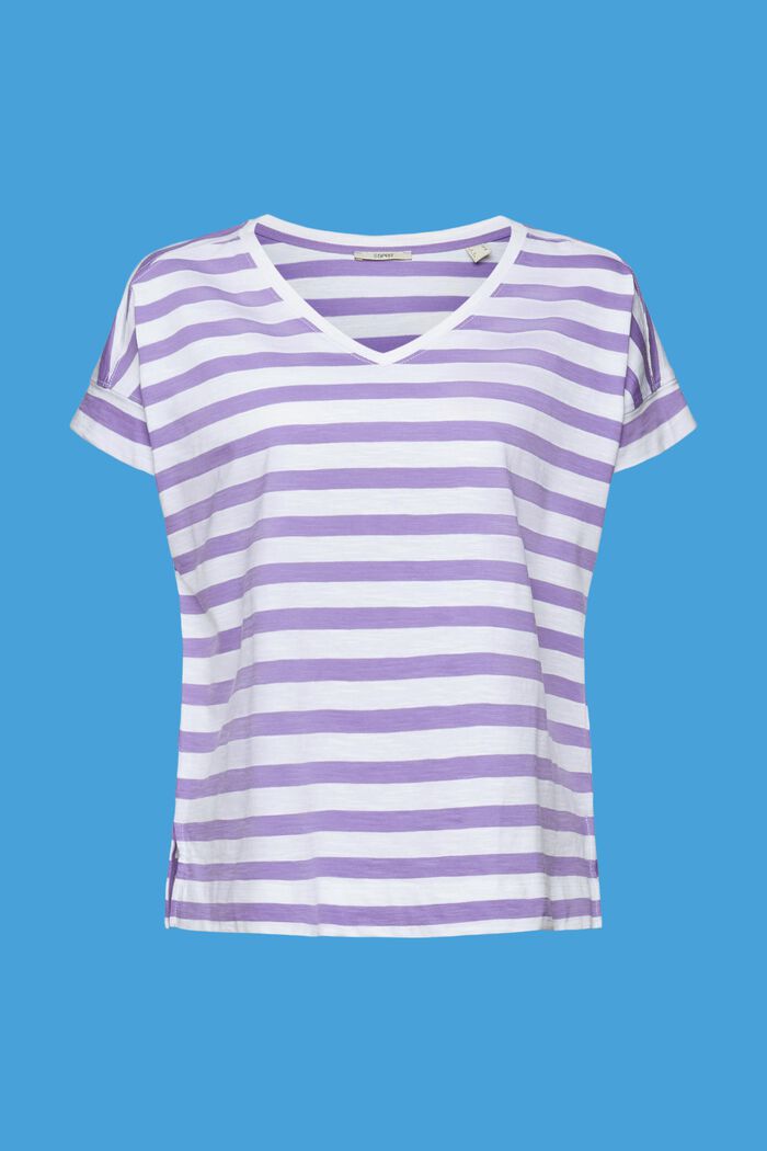 Camiseta de algodón de rayas con cuello en pico, PURPLE, detail image number 6
