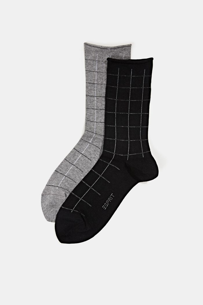 Pack de dos pares de calcetines con diseño a cuadros, mezcla de algodón ecológico, GREY/BLACK, overview