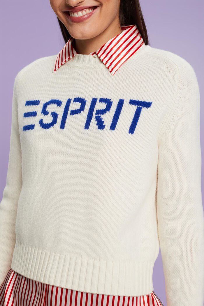 Jersey de lana y cachemir con logotipo, OFF WHITE, detail image number 1