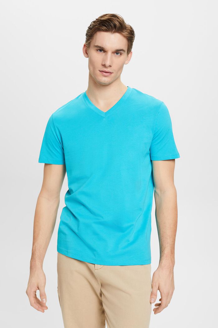Camiseta entallada de algodón con cuello en pico, AQUA GREEN, detail image number 0
